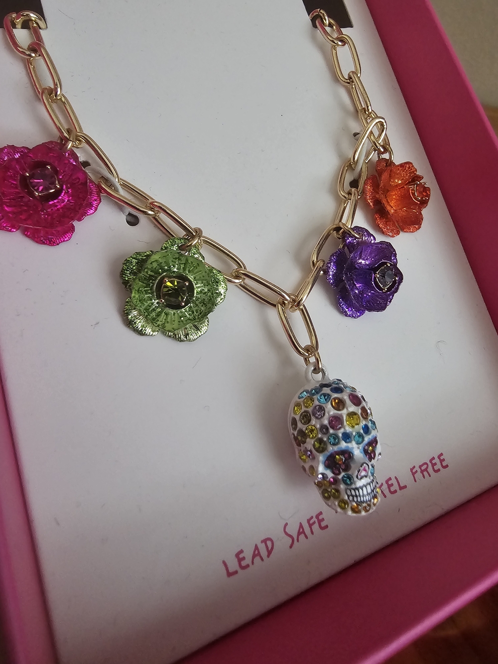 Betsey Johnson Gold-Tone Multi-Color Skull & Flower Charm Bracelet - Picture 5 of 7